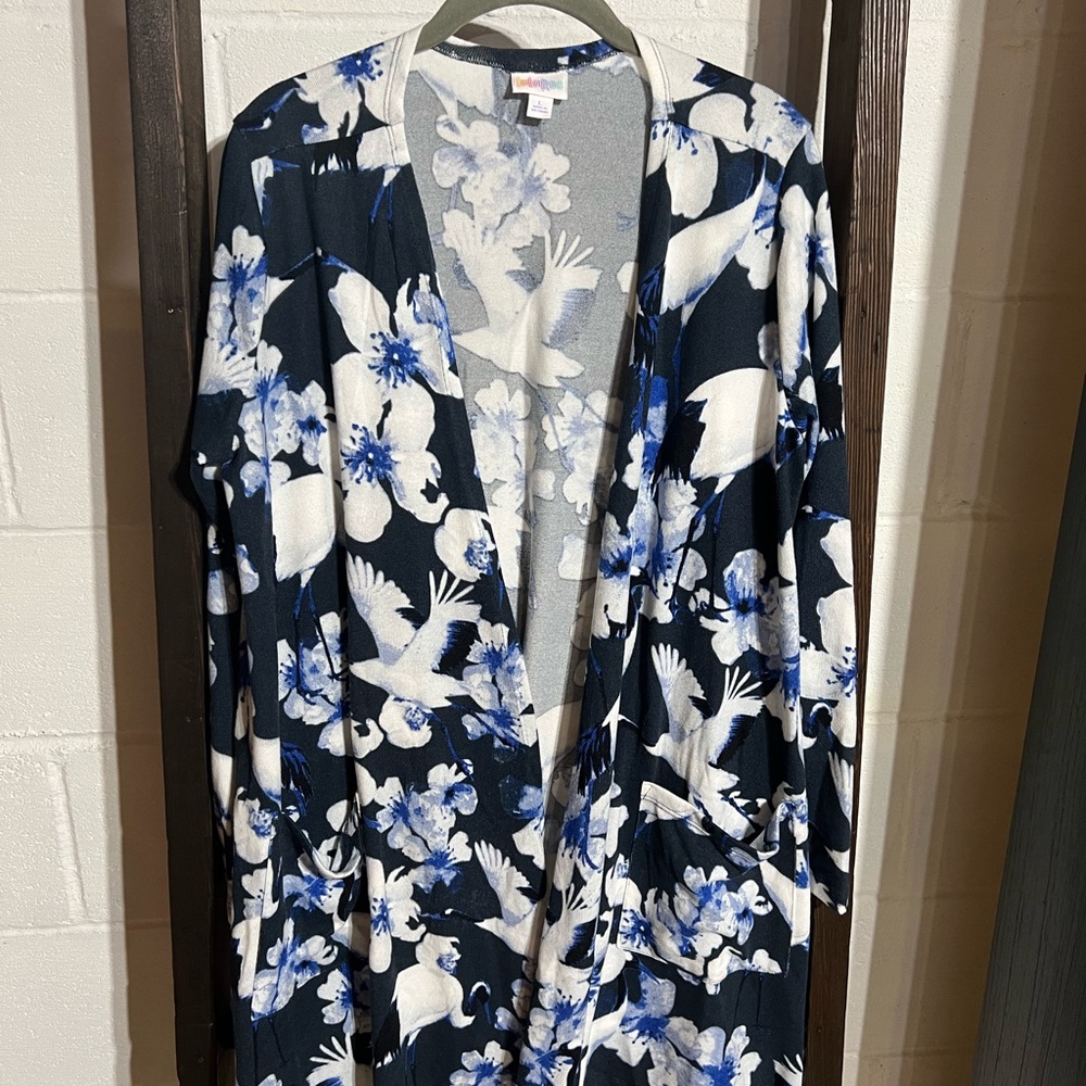 LuLaRoe Floral Cardigan in Blue and White
